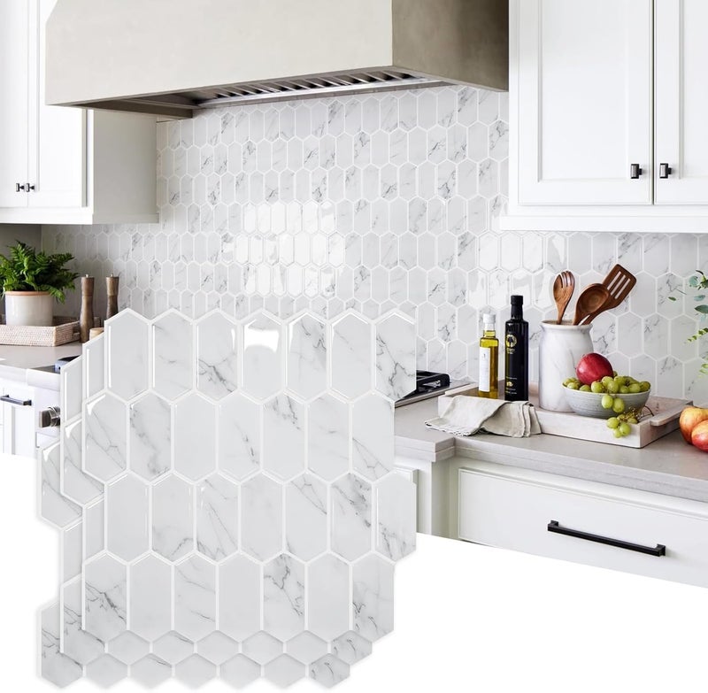Vamos Tile بلاط خلفية قابل للإزالة والتثبيت بتصميم سميك مطور، 10 ورقات من بلاط الرخام الرمادي الطويل سداسي الشكل ذاتي اللصق، مناسب للمطبخ والحمام والمركبات الترفيهية ومدفأة. - Image 1